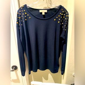 Michael Michael Kors navy long sleeve top with gold metal detail.